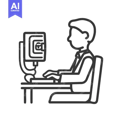 Premium design asset: Monochrome Line Art Icon of Person Working on Desktop Computer, Remote