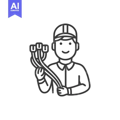 Smiling Line Art Technician Holding Network Cables Icon on White Backg