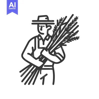 Aset desain premium: Stylized Line Art Farmer Icon with Wheat Bundle, Representing Harvest
