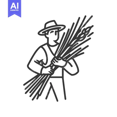 Aset premium populer: Minimalist Line Art Farmer Icon Holding Wheat Sheaf, Symbolizing Harve