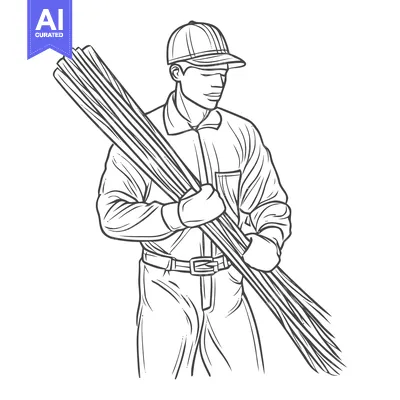 Aset desain premium: Strong Worker in Cap and Gloves Carrying a Bundle of Steel Rods, Line