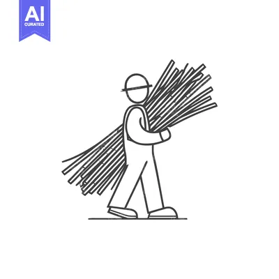 Aset premium populer: Monochrome Line Art Icon of a Worker in a Hard Hat Carrying a Bundle o