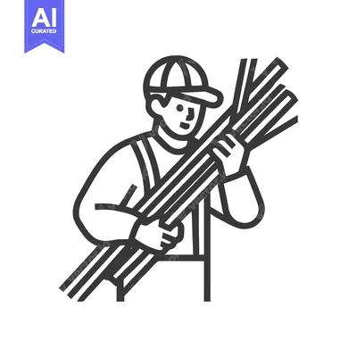 Minimalist Line Art Icon of Worker Carrying Lumber Sticks