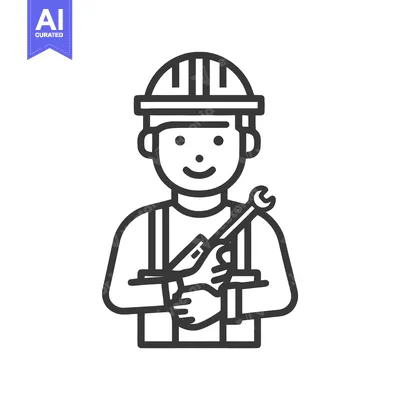 Aset premium populer: Smiling Worker in Hard Hat with Wrench, Minimalist Line Art Character