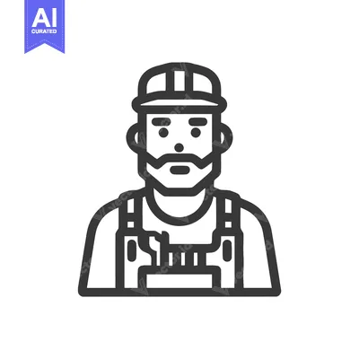 Premium design asset: Bold Line Art Icon of a Bearded Worker in a Cap and Overalls