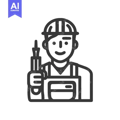 Friendly Handyman in Hard Hat Holding Screwdriver, Line Art Icon