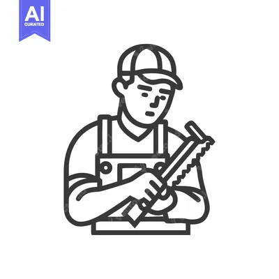 Premium design asset: Bold line art icon of a handyman in overalls and cap, carefully inspec
