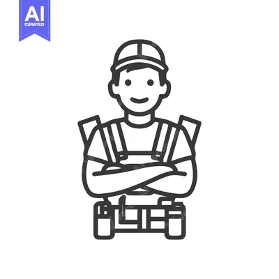 Confident Smiling Worker with Crossed Arms and Tool Belt Line Art Icon