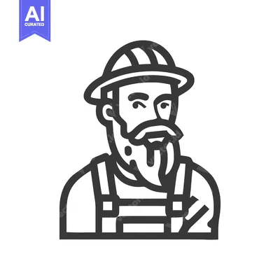 Aset premium populer: Rugged Bearded Worker in Hard Hat, Bold Line Art Icon