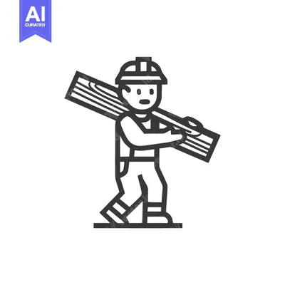 Bold Monochrome Line Icon of a Construction Worker Carrying a Wooden B