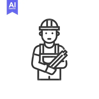 Monochrome Line Icon of a Construction Worker Holding Blueprints