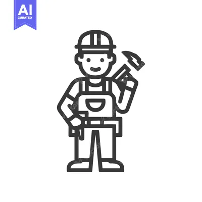 Premium design asset: Friendly Builder Character with Hammer and Tool Belt Line Art Icon