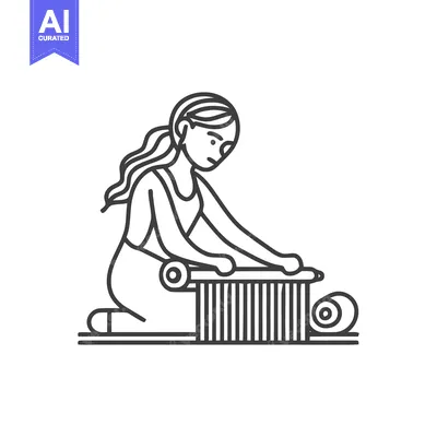 Stylized Woman Kneeling at a Traditional Loom, Minimalist Line Art Ico