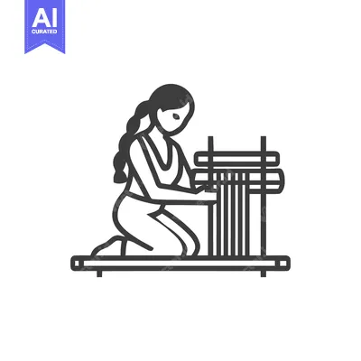 Elegant Line Art Icon of a Woman with a Braid Weaving on a Traditional