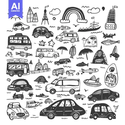 A Black and White Hand-Drawn Illustration Featuring Various Cars, Buil