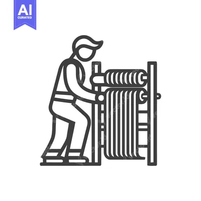 Aset desain premium: Bold line art icon of an industrial worker operating a fabric rolling