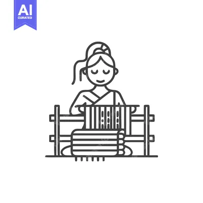 Traditional Weaver Creating Textiles on a Handloom, Minimalist Line Ar