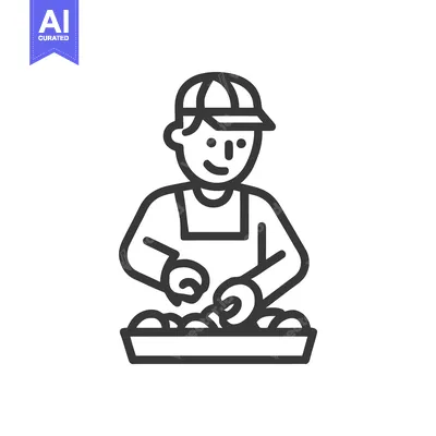 Smiling Worker in Cap Sorting Produce, Minimalist Line Art Icon