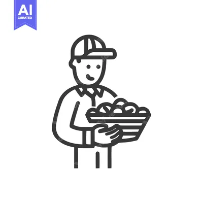 Aset premium populer: Smiling Farmer Holding a Basket of Fresh Produce, Minimalist Line Art