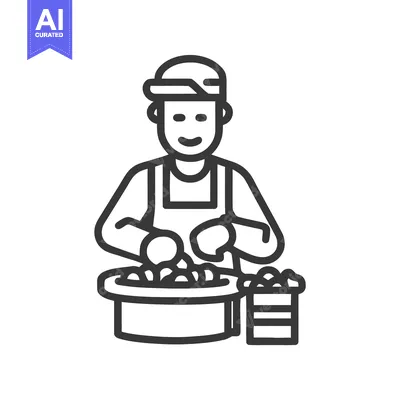 Happy Farmer Sorting Harvested Produce from a Tub, Minimalist Line Art