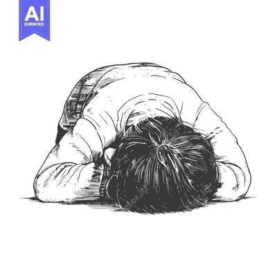 A Black and White Hand-Drawn Illustration of a Child Bowing Their Head