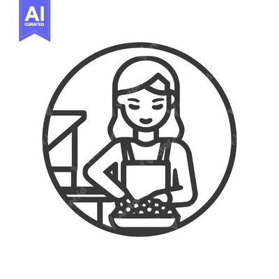 Smiling Woman in Apron Mixing Food in a Bowl, Minimalist Line Art Icon