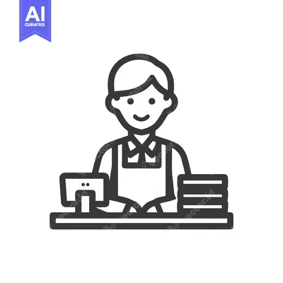 Aset desain premium: Friendly Cashier Line Icon with Apron at Checkout Counter with POS Ter