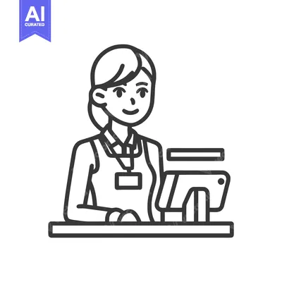 Premium design asset: Smiling Female Cashier at POS Terminal, Professional Line Art Icon