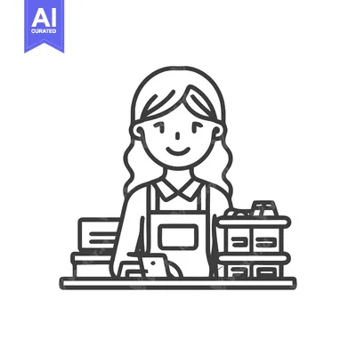 Aset premium populer: Smiling Female Cashier at Checkout Counter, Minimalist Line Art Icon