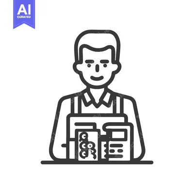 Friendly Clerk in Apron Presenting Goods, Minimalist Line Art Icon