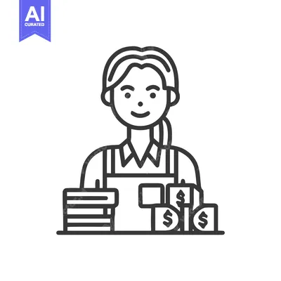 Financial Clerk Woman with Stacks of Cash and Coins, Clean Line Art Ic