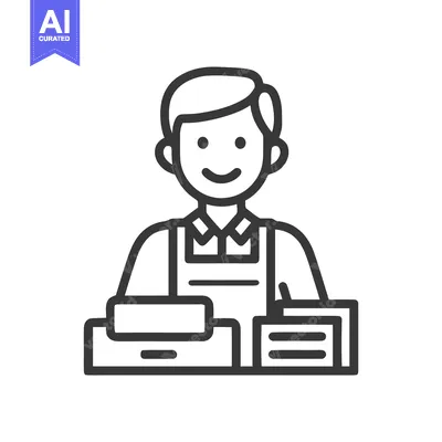 Premium design asset: Friendly cashier in an apron at a checkout counter, a minimalist line