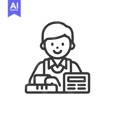 Friendly Cashier at Checkout Counter, Minimalist Line Art Icon for Ret