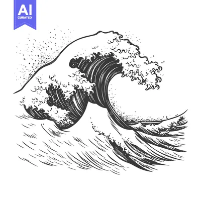 A Black and White Hand-Drawn Illustration of a Giant Wave