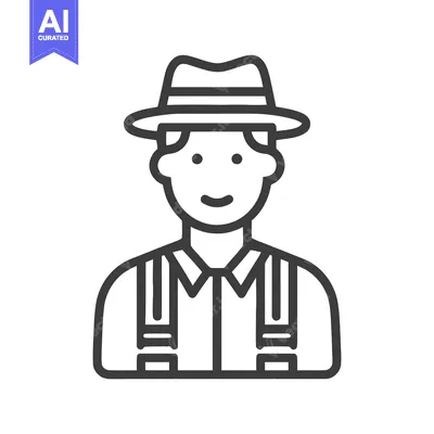 Minimalist Outline Icon of a Smiling Man in a Fedora Hat and Suspender
