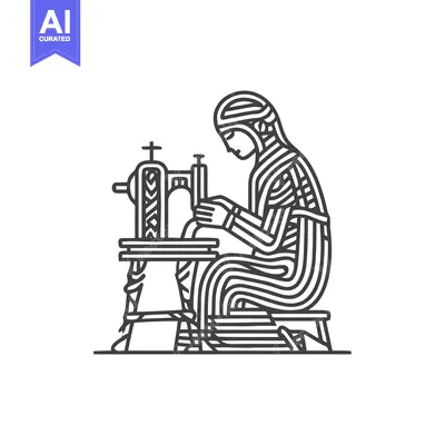 Linear Craft: A Stylized Monochrome Figure at a Vintage Sewing Machine