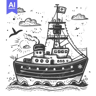A Black and White Hand-Drawn Illustration of a Ship Sailing on the Oce