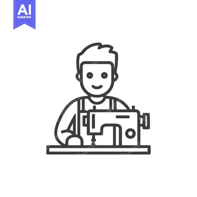 Aset desain premium: Happy Male Tailor at Sewing Machine, Minimalist Line Art Icon