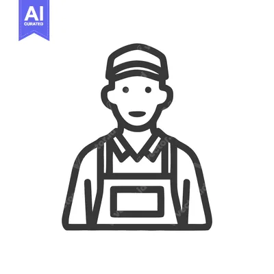 Aset premium populer: Friendly Worker in Cap and Overalls, Minimalist Outline Icon for Servi
