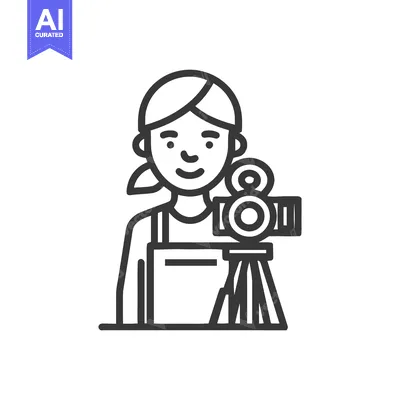 Aset desain premium: Female Videographer with Tripod Camera, Minimalist Line Art Icon