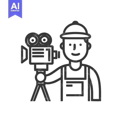Aset premium populer: Smiling Filmmaker with Vintage Movie Camera on Tripod - Minimalist Lin