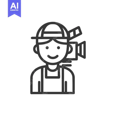 Friendly Videographer with Shoulder Camera, Minimalist Line Art Icon