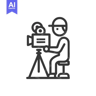 Aset premium populer: Seated cameraman with vintage movie camera on tripod, bold line art ic