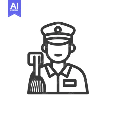 Aset desain premium: Smiling Street Sweeper in Uniform with Broom, Minimalist Line Icon