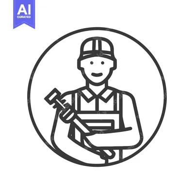 Aset desain premium: Friendly Plumber with Pipe Wrench, Minimalist Circular Line Art Icon