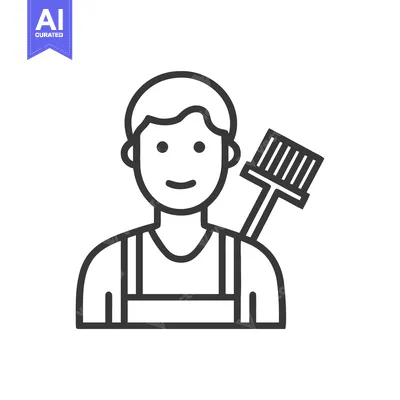 Aset premium populer: Friendly Janitor with Broom, Minimalist Black Line Art Icon