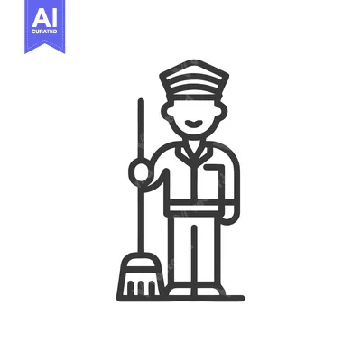 Premium design asset: Friendly Janitor in Uniform with Broom and Dustpan Line Art Icon