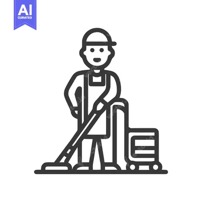 Friendly Janitor with Canister Vacuum Cleaner, Minimalist Line Art Ico