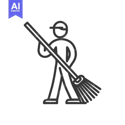 Aset desain premium: Monochrome Cleaner Icon: A Stylized Worker with a Broom