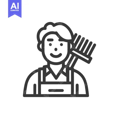 Premium design asset: Smiling Gardener Icon with Rake, Simple Line Art for Agriculture and L